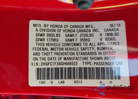 2016 Honda Civic Ex-T from USA, damaged, VIN 2HGFC1F3XGH649322